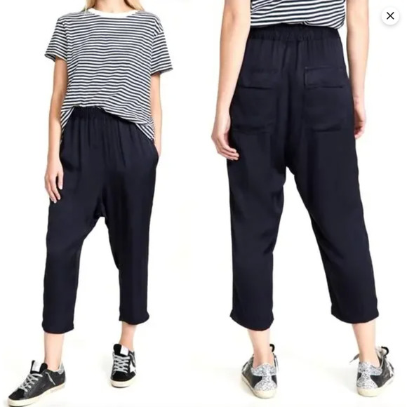 Nili Lotan M Elastic Waist Linen Slouchy Luna Pants Drop Crotch Washed Black - Picture 1 of 9